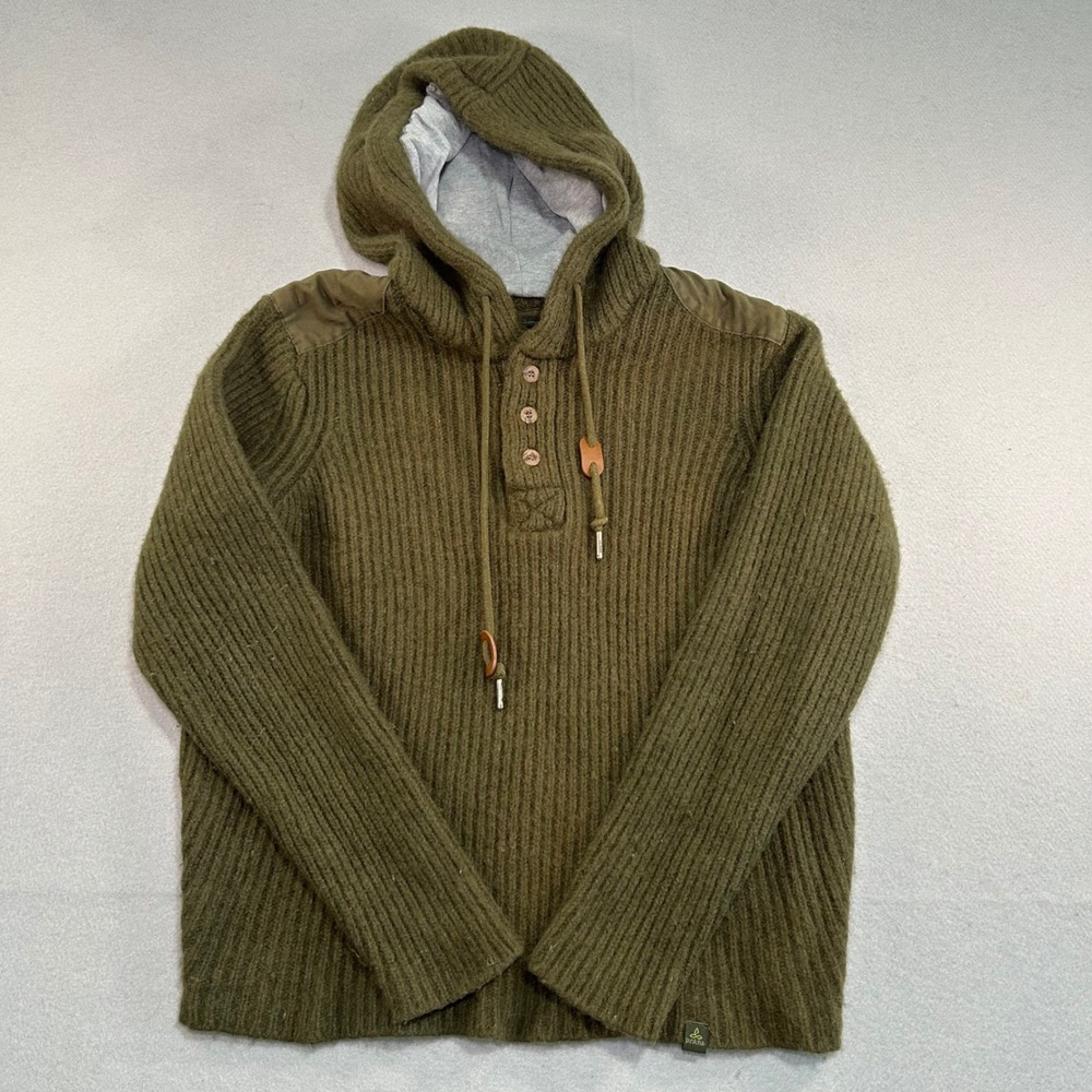 Prana Hoodie Sweater Mens Medium Green Lambswool Blend Ribbed Henley Pullover
